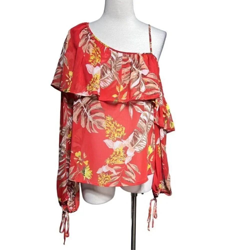 Lush Orange Floral Chiffon One Shoulder Ruffled Blouse Size Medium
